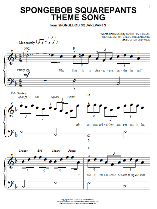 Preview Mark Harrison SpongeBob SquarePants Theme Song Children sheet music, notes and chords for Piano (Big Notes), SKU: 25547 sheet music, piano notes, chords, guitar tabs, score, transpose, transcribe, how to play, guide, download, learn, tutorial, progression, song, artist, awards, billboard, mtv, vh1, tour, single, album, release