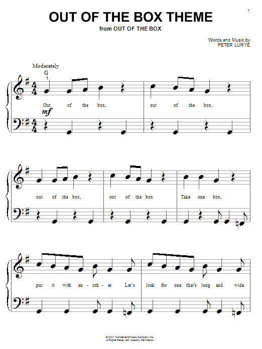 Preview Peter Lurye Out Of The Box Theme Children sheet music, notes and chords for Piano (Big Notes), SKU: 25549 sheet music, piano notes, chords, guitar tabs, score, transpose, transcribe, how to play, guide, download, learn, tutorial, progression, song, artist, awards, billboard, mtv, vh1, tour, single, album, release