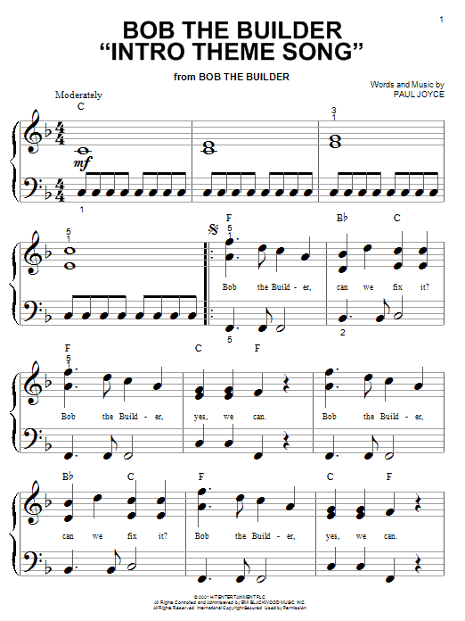 Preview Paul Joyce Bob The Builder Intro Theme Song Children sheet music, notes and chords for Piano (Big Notes), SKU: 25551 sheet music, piano notes, chords, guitar tabs, score, transpose, transcribe, how to play, guide, download, learn, tutorial, progression, song, artist, awards, billboard, mtv, vh1, tour, single, album, release