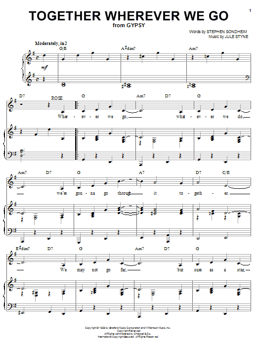Preview Stephen Sondheim Together Wherever We Go Pop sheet music, notes and chords for Piano & Vocal, SKU: 25557 sheet music, piano notes, chords, guitar tabs, score, transpose, transcribe, how to play, guide, download, learn, tutorial, progression, song, artist, awards, billboard, mtv, vh1, tour, single, album, release