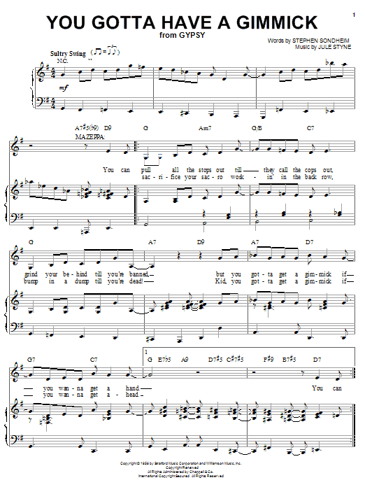 Preview Stephen Sondheim You Gotta Have A Gimmick Broadway sheet music, notes and chords for Piano, Vocal & Guitar (Right-Hand Melody), SKU: 25558 sheet music, piano notes, chords, guitar tabs, score, transpose, transcribe, how to play, guide, download, learn, tutorial, progression, song, artist, awards, billboard, mtv, vh1, tour, single, album, release