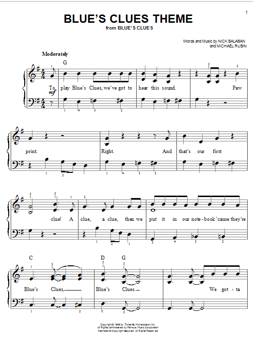 Preview Nick Balaban Blue's Clues Theme Children sheet music, notes and chords for Easy Piano, SKU: 25564 sheet music, piano notes, chords, guitar tabs, score, transpose, transcribe, how to play, guide, download, learn, tutorial, progression, song, artist, awards, billboard, mtv, vh1, tour, single, album, release