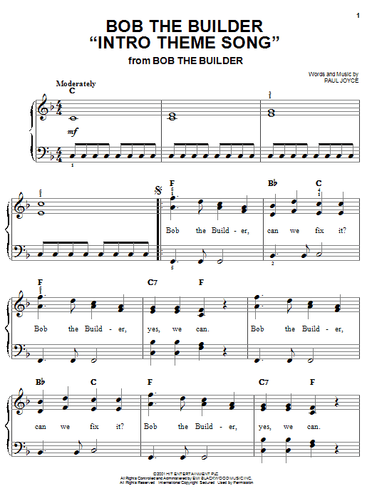 Preview Paul Joyce Bob The Builder Intro Theme Song Children sheet music, notes and chords for Easy Piano, SKU: 25565 sheet music, piano notes, chords, guitar tabs, score, transpose, transcribe, how to play, guide, download, learn, tutorial, progression, song, artist, awards, billboard, mtv, vh1, tour, single, album, release