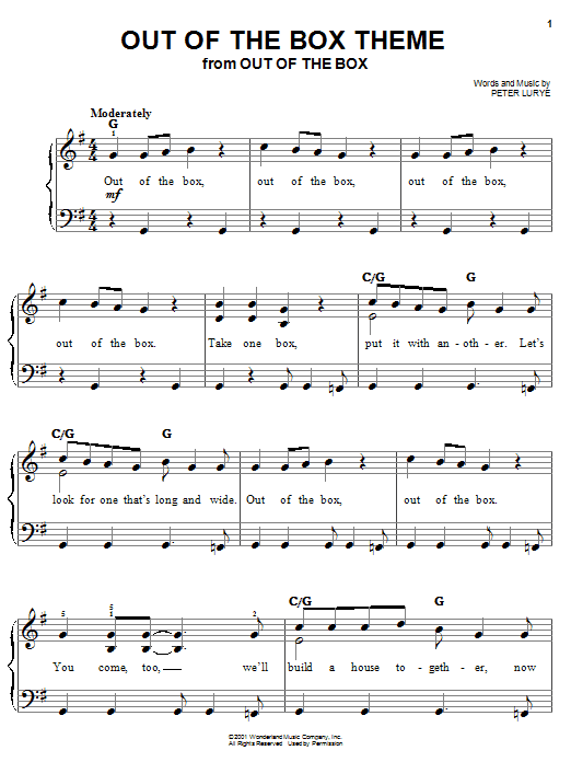 Preview Peter Lurye Out Of The Box Theme Children sheet music, notes and chords for Easy Piano, SKU: 25566 sheet music, piano notes, chords, guitar tabs, score, transpose, transcribe, how to play, guide, download, learn, tutorial, progression, song, artist, awards, billboard, mtv, vh1, tour, single, album, release