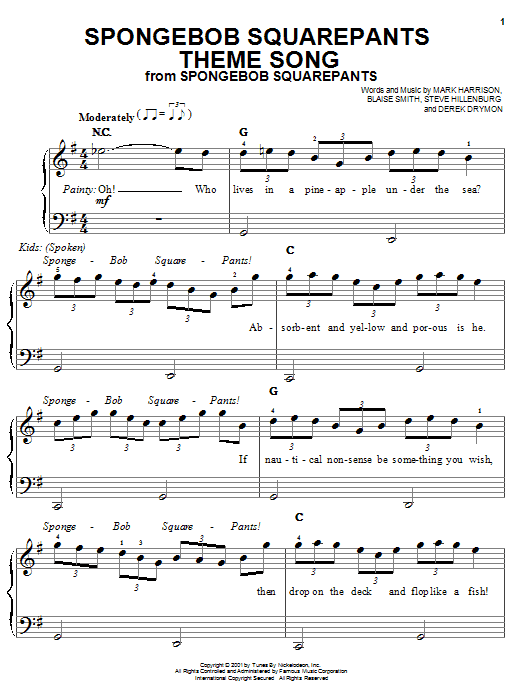 Preview Mark Harrison SpongeBob SquarePants Theme Song Children sheet music, notes and chords for Easy Piano, SKU: 25567 sheet music, piano notes, chords, guitar tabs, score, transpose, transcribe, how to play, guide, download, learn, tutorial, progression, song, artist, awards, billboard, mtv, vh1, tour, single, album, release