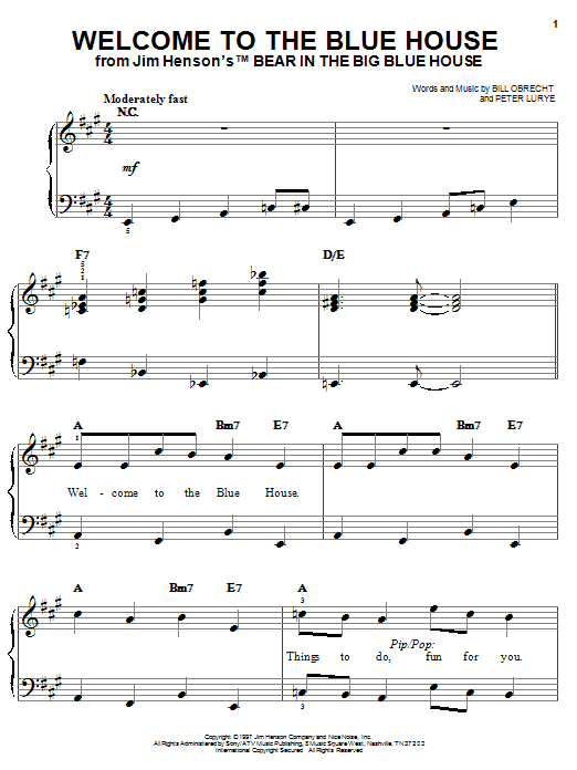 Preview Bill Obrecht Welcome To The Blue House Children sheet music, notes and chords for Easy Piano, SKU: 25570 sheet music, piano notes, chords, guitar tabs, score, transpose, transcribe, how to play, guide, download, learn, tutorial, progression, song, artist, awards, billboard, mtv, vh1, tour, single, album, release