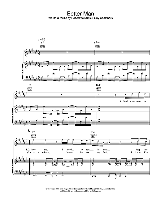 Preview Robbie Williams Better Man Pop sheet music, notes and chords for Piano, Vocal & Guitar, SKU: 25571 sheet music, piano notes, chords, guitar tabs, score, transpose, transcribe, how to play, guide, download, learn, tutorial, progression, song, artist, awards, billboard, mtv, vh1, tour, single, album, release