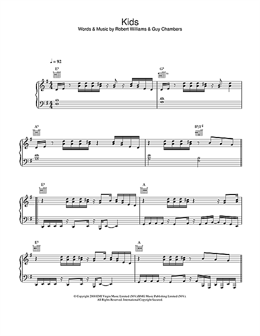 Preview Robbie Williams And Kylie Minogue Kids Pop sheet music, notes and chords for Piano, Vocal & Guitar, SKU: 25574 sheet music, piano notes, chords, guitar tabs, score, transpose, transcribe, how to play, guide, download, learn, tutorial, progression, song, artist, awards, billboard, mtv, vh1, tour, single, album, release