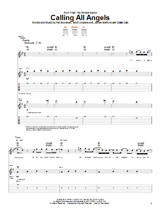 Preview Train Calling All Angels Rock sheet music, notes and chords for Guitar Tab, SKU: 25577 sheet music, piano notes, chords, guitar tabs, score, transpose, transcribe, how to play, guide, download, learn, tutorial, progression, song, artist, awards, billboard, mtv, vh1, tour, single, album, release