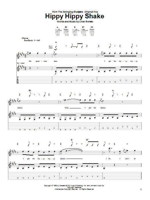 Preview The Swinging Blue Jeans Hippy Hippy Shake Pop sheet music, notes and chords for Guitar Tab, SKU: 25584 sheet music, piano notes, chords, guitar tabs, score, transpose, transcribe, how to play, guide, download, learn, tutorial, progression, song, artist, awards, billboard, mtv, vh1, tour, single, album, release
