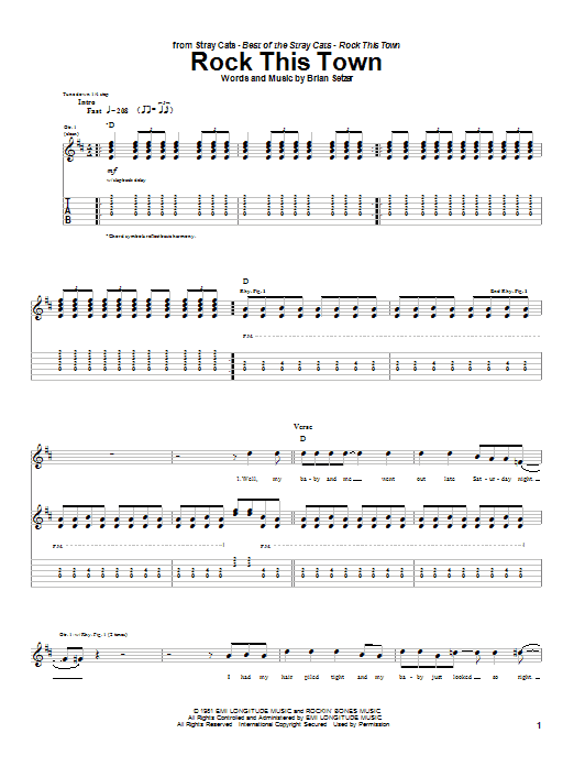 Preview Stray Cats Rock This Town Rock sheet music, notes and chords for Guitar Tab, SKU: 25586 sheet music, piano notes, chords, guitar tabs, score, transpose, transcribe, how to play, guide, download, learn, tutorial, progression, song, artist, awards, billboard, mtv, vh1, tour, single, album, release