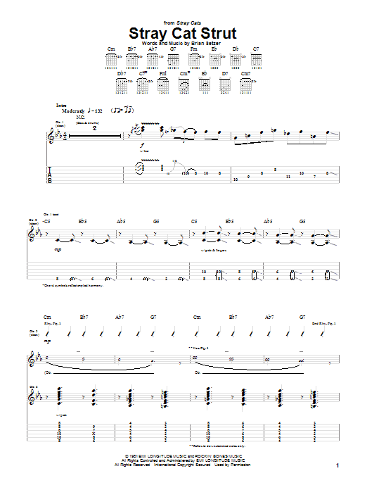 Preview Stray Cats Stray Cat Strut Rock sheet music, notes and chords for Guitar Tab, SKU: 25587 sheet music, piano notes, chords, guitar tabs, score, transpose, transcribe, how to play, guide, download, learn, tutorial, progression, song, artist, awards, billboard, mtv, vh1, tour, single, album, release