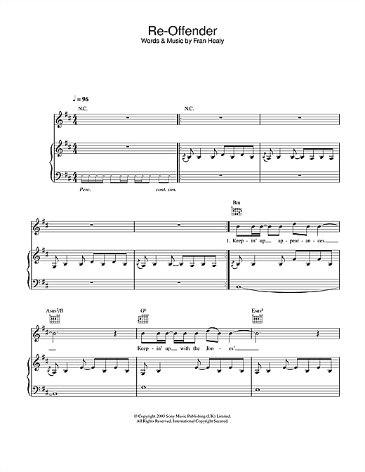 Preview Travis Re-Offender Rock sheet music, notes and chords for Piano, Vocal & Guitar, SKU: 25594 sheet music, piano notes, chords, guitar tabs, score, transpose, transcribe, how to play, guide, download, learn, tutorial, progression, song, artist, awards, billboard, mtv, vh1, tour, single, album, release