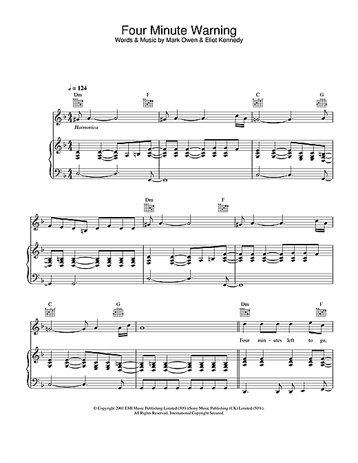 Preview Mark Owen Four Minute Warning Pop sheet music, notes and chords for Piano, Vocal & Guitar, SKU: 25595 sheet music, piano notes, chords, guitar tabs, score, transpose, transcribe, how to play, guide, download, learn, tutorial, progression, song, artist, awards, billboard, mtv, vh1, tour, single, album, release