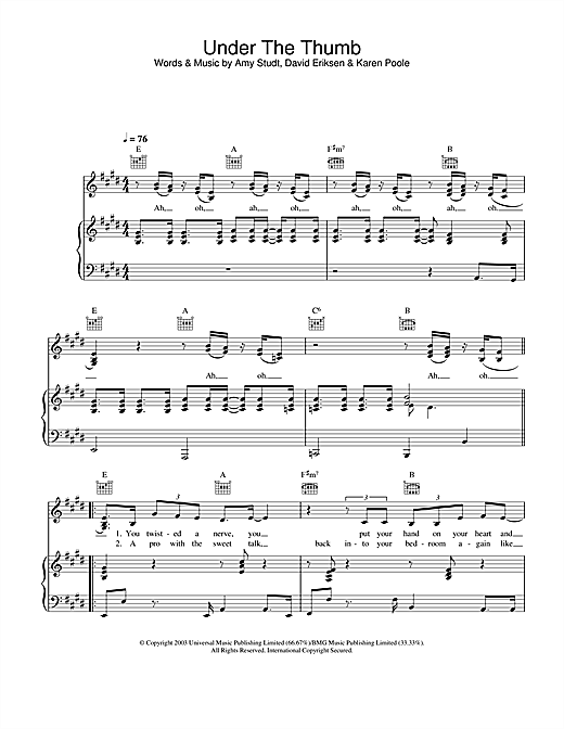 Preview Amy Studt Under The Thumb Pop sheet music, notes and chords for Piano, Vocal & Guitar, SKU: 25596 sheet music, piano notes, chords, guitar tabs, score, transpose, transcribe, how to play, guide, download, learn, tutorial, progression, song, artist, awards, billboard, mtv, vh1, tour, single, album, release