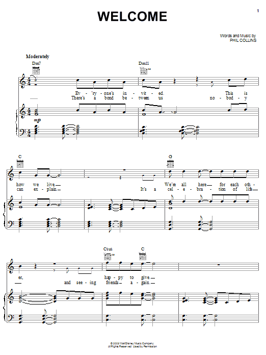 Preview Phil Collins Welcome Children sheet music, notes and chords for Piano, Vocal & Guitar (Right-Hand Melody), SKU: 25602 sheet music, piano notes, chords, guitar tabs, score, transpose, transcribe, how to play, guide, download, learn, tutorial, progression, song, artist, awards, billboard, mtv, vh1, tour, single, album, release