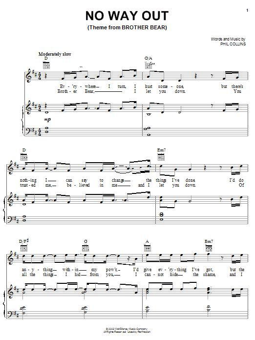 Preview Phil Collins No Way Out (Theme From BROTHER BEAR) Children sheet music, notes and chords for Piano, Vocal & Guitar (Right-Hand Melody), SKU: 25603 sheet music, piano notes, chords, guitar tabs, score, transpose, transcribe, how to play, guide, download, learn, tutorial, progression, song, artist, awards, billboard, mtv, vh1, tour, single, album, release