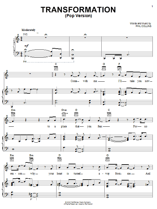 Preview Phil Collins Transformation (Pop Version) Children sheet music, notes and chords for Piano, Vocal & Guitar (Right-Hand Melody), SKU: 25604 sheet music, piano notes, chords, guitar tabs, score, transpose, transcribe, how to play, guide, download, learn, tutorial, progression, song, artist, awards, billboard, mtv, vh1, tour, single, album, release