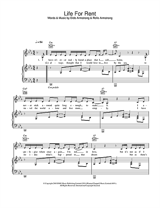 Preview Dido Life For Rent Pop sheet music, notes and chords for Piano, Vocal & Guitar, SKU: 25608 sheet music, piano notes, chords, guitar tabs, score, transpose, transcribe, how to play, guide, download, learn, tutorial, progression, song, artist, awards, billboard, mtv, vh1, tour, single, album, release