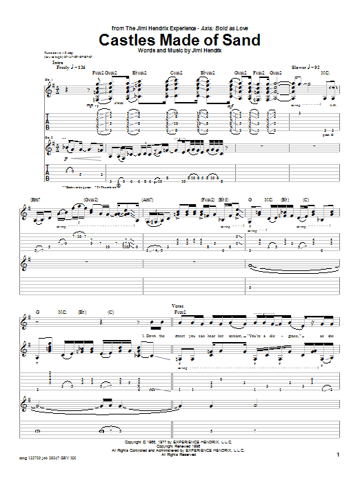 Preview Jimi Hendrix Castles Made Of Sand Pop sheet music, notes and chords for Guitar Tab, SKU: 25611 sheet music, piano notes, chords, guitar tabs, score, transpose, transcribe, how to play, guide, download, learn, tutorial, progression, song, artist, awards, billboard, mtv, vh1, tour, single, album, release