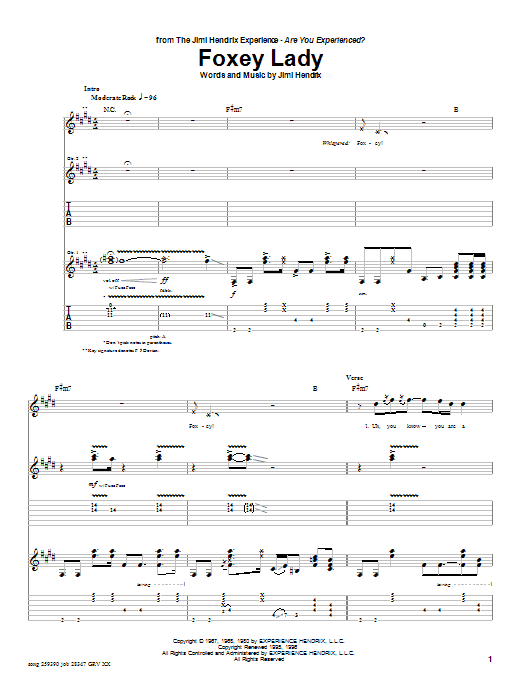 Preview Jimi Hendrix Foxey Lady Rock sheet music, notes and chords for Guitar Tab, SKU: 25614 sheet music, piano notes, chords, guitar tabs, score, transpose, transcribe, how to play, guide, download, learn, tutorial, progression, song, artist, awards, billboard, mtv, vh1, tour, single, album, release