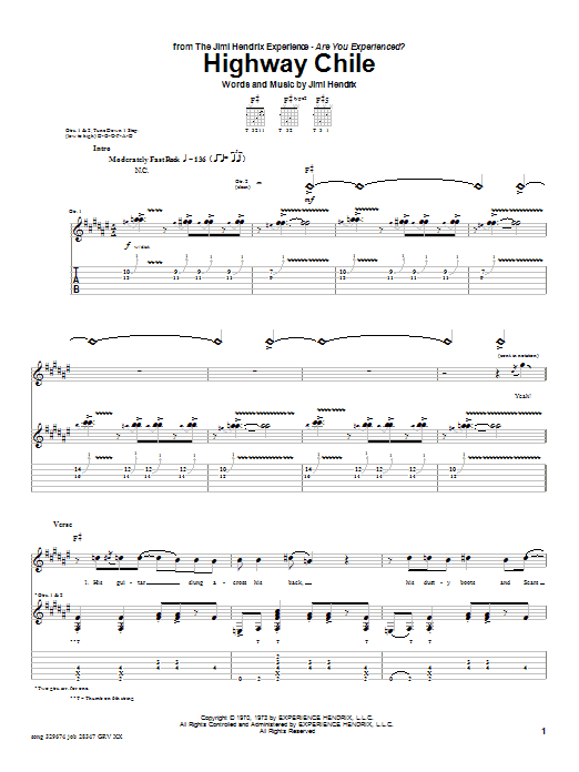 Preview Jimi Hendrix Highway Chile Rock sheet music, notes and chords for Guitar Tab, SKU: 25615 sheet music, piano notes, chords, guitar tabs, score, transpose, transcribe, how to play, guide, download, learn, tutorial, progression, song, artist, awards, billboard, mtv, vh1, tour, single, album, release