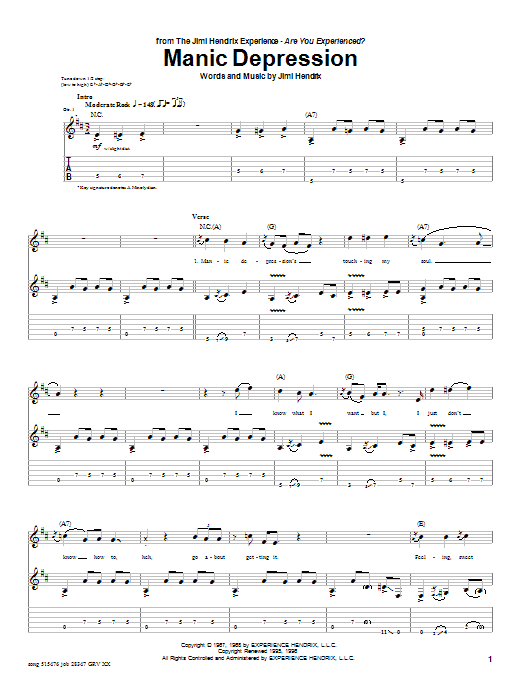 Preview Jimi Hendrix Manic Depression Pop sheet music, notes and chords for Guitar Tab, SKU: 25619 sheet music, piano notes, chords, guitar tabs, score, transpose, transcribe, how to play, guide, download, learn, tutorial, progression, song, artist, awards, billboard, mtv, vh1, tour, single, album, release