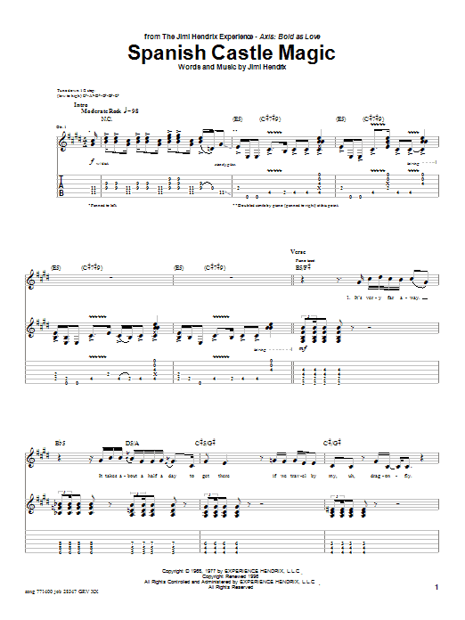 Preview Jimi Hendrix Spanish Castle Magic Pop sheet music, notes and chords for Guitar Tab, SKU: 25622 sheet music, piano notes, chords, guitar tabs, score, transpose, transcribe, how to play, guide, download, learn, tutorial, progression, song, artist, awards, billboard, mtv, vh1, tour, single, album, release