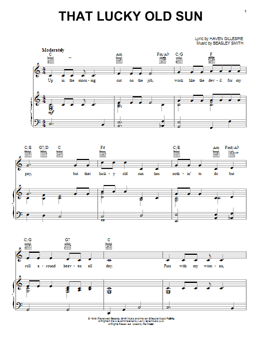 Preview Johnny Cash That Lucky Old Sun (Just Rolls Around Heaven All Day) Country sheet music, notes and chords for Piano, Vocal & Guitar (Right-Hand Melody), SKU: 25629 sheet music, piano notes, chords, guitar tabs, score, transpose, transcribe, how to play, guide, download, learn, tutorial, progression, song, artist, awards, billboard, mtv, vh1, tour, single, album, release