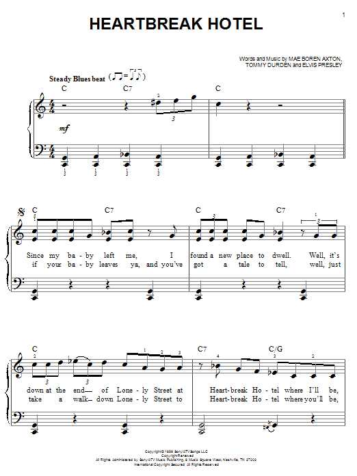 Preview Elvis Presley Heartbreak Hotel Rock sheet music, notes and chords for Easy Piano, SKU: 25635 sheet music, piano notes, chords, guitar tabs, score, transpose, transcribe, how to play, guide, download, learn, tutorial, progression, song, artist, awards, billboard, mtv, vh1, tour, single, album, release