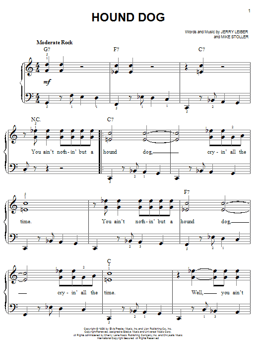 Preview Elvis Presley Hound Dog Rock sheet music, notes and chords for Easy Piano, SKU: 25637 sheet music, piano notes, chords, guitar tabs, score, transpose, transcribe, how to play, guide, download, learn, tutorial, progression, song, artist, awards, billboard, mtv, vh1, tour, single, album, release