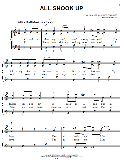 Preview Elvis Presley All Shook Up Rock sheet music, notes and chords for Easy Piano, SKU: 25638 sheet music, piano notes, chords, guitar tabs, score, transpose, transcribe, how to play, guide, download, learn, tutorial, progression, song, artist, awards, billboard, mtv, vh1, tour, single, album, release