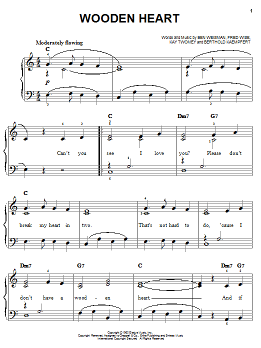 Preview Elvis Presley Wooden Heart Pop sheet music, notes and chords for Easy Piano, SKU: 25640 sheet music, piano notes, chords, guitar tabs, score, transpose, transcribe, how to play, guide, download, learn, tutorial, progression, song, artist, awards, billboard, mtv, vh1, tour, single, album, release