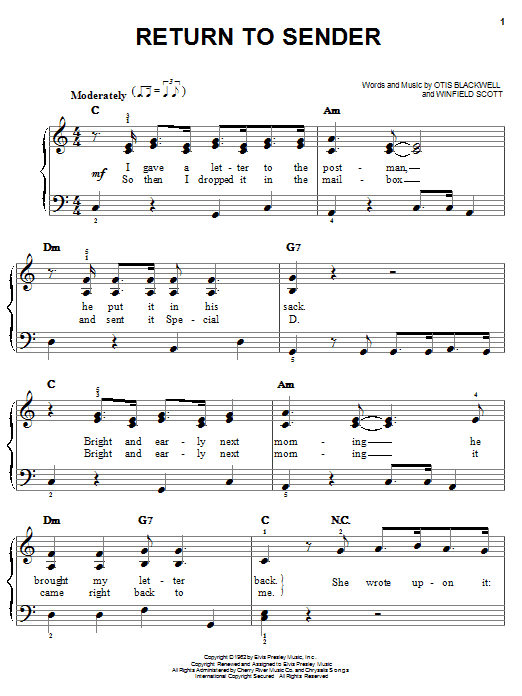Preview Elvis Presley Return To Sender Rock sheet music, notes and chords for Easy Piano, SKU: 25642 sheet music, piano notes, chords, guitar tabs, score, transpose, transcribe, how to play, guide, download, learn, tutorial, progression, song, artist, awards, billboard, mtv, vh1, tour, single, album, release