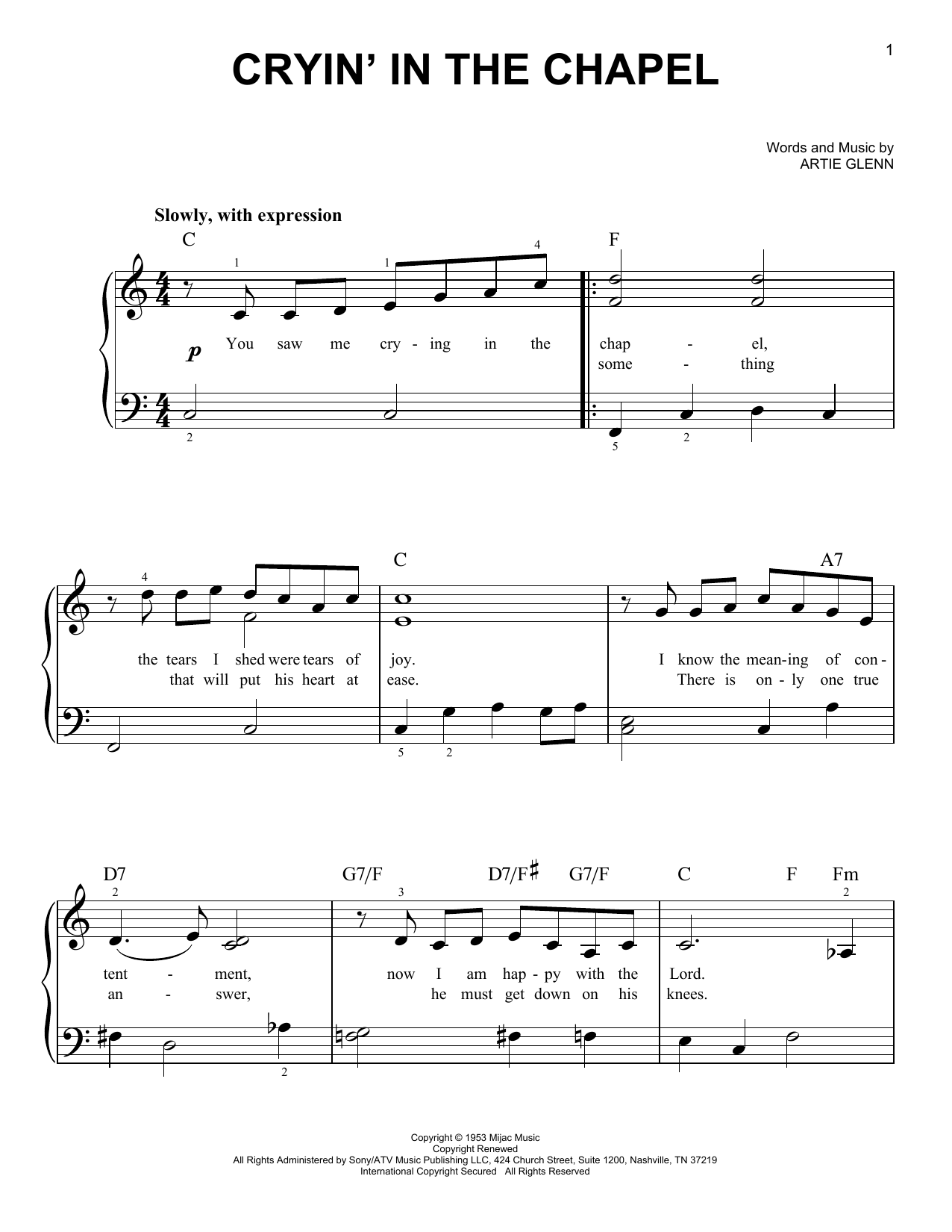 Preview Elvis Presley Crying In The Chapel Pop sheet music, notes and chords for Easy Piano, SKU: 25643 sheet music, piano notes, chords, guitar tabs, score, transpose, transcribe, how to play, guide, download, learn, tutorial, progression, song, artist, awards, billboard, mtv, vh1, tour, single, album, release