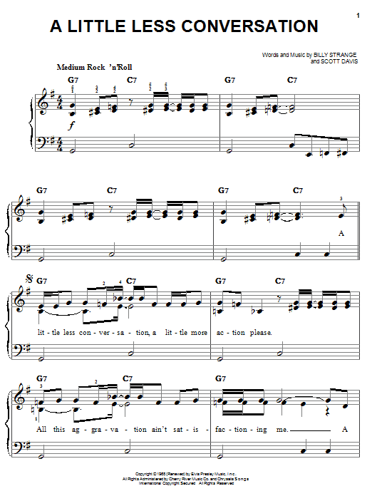Preview Elvis Presley A Little Less Conversation Rock sheet music, notes and chords for Easy Piano, SKU: 25644 sheet music, piano notes, chords, guitar tabs, score, transpose, transcribe, how to play, guide, download, learn, tutorial, progression, song, artist, awards, billboard, mtv, vh1, tour, single, album, release