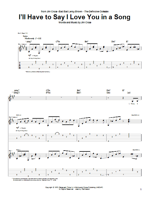 Preview Jim Croce I'll Have To Say I Love You In A Song Folk sheet music, notes and chords for Guitar Tab, SKU: 25648 sheet music, piano notes, chords, guitar tabs, score, transpose, transcribe, how to play, guide, download, learn, tutorial, progression, song, artist, awards, billboard, mtv, vh1, tour, single, album, release