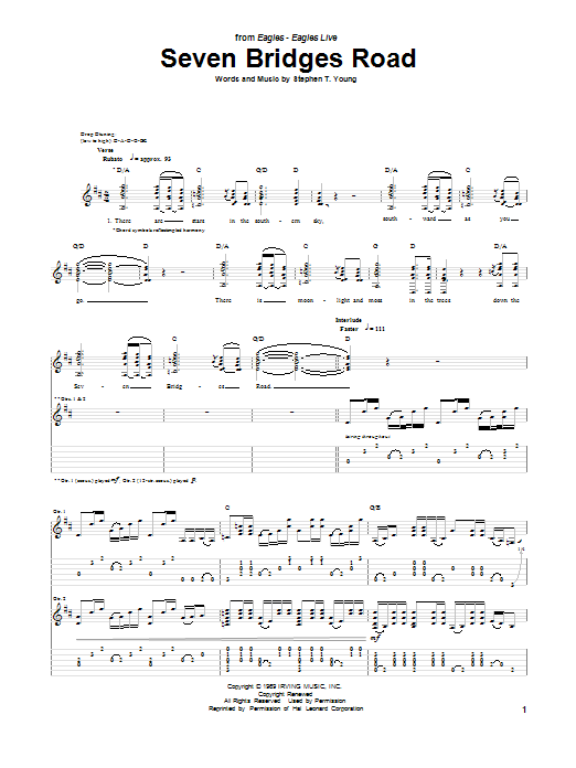 Preview Eagles Seven Bridges Road Rock sheet music, notes and chords for Guitar Tab, SKU: 25650 sheet music, piano notes, chords, guitar tabs, score, transpose, transcribe, how to play, guide, download, learn, tutorial, progression, song, artist, awards, billboard, mtv, vh1, tour, single, album, release