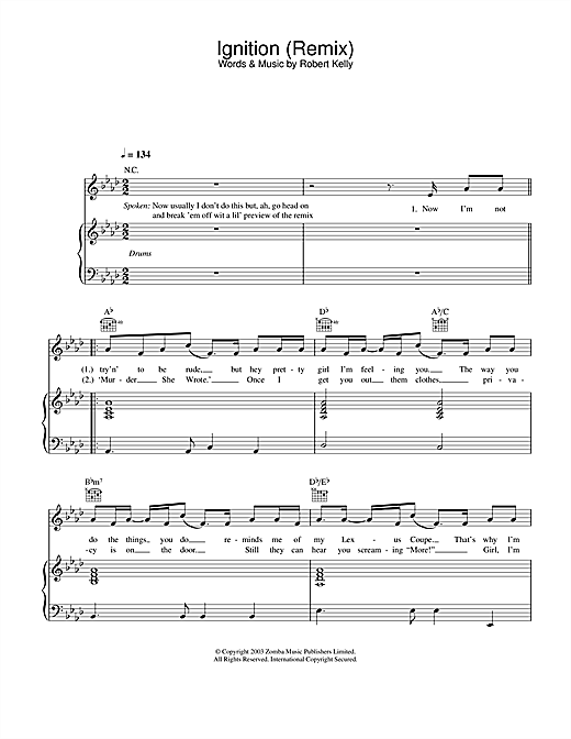 Preview R. Kelly Ignition (Remix) R & B sheet music, notes and chords for Piano, Vocal & Guitar, SKU: 25651 sheet music, piano notes, chords, guitar tabs, score, transpose, transcribe, how to play, guide, download, learn, tutorial, progression, song, artist, awards, billboard, mtv, vh1, tour, single, album, release