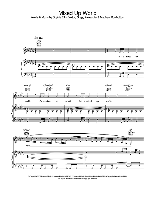 Preview Sophie Ellis-Bextor Mixed Up World Pop sheet music, notes and chords for Piano, Vocal & Guitar, SKU: 25652 sheet music, piano notes, chords, guitar tabs, score, transpose, transcribe, how to play, guide, download, learn, tutorial, progression, song, artist, awards, billboard, mtv, vh1, tour, single, album, release