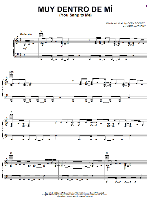 Preview Marc Anthony Muy Dentro De Mi (You Sang To Me) Pop sheet music, notes and chords for Piano, Vocal & Guitar (Right-Hand Melody), SKU: 25659 sheet music, piano notes, chords, guitar tabs, score, transpose, transcribe, how to play, guide, download, learn, tutorial, progression, song, artist, awards, billboard, mtv, vh1, tour, single, album, release