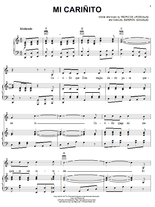 Preview Pedro Fernandez Mi Carinito Pop sheet music, notes and chords for Piano, Vocal & Guitar (Right-Hand Melody), SKU: 25660 sheet music, piano notes, chords, guitar tabs, score, transpose, transcribe, how to play, guide, download, learn, tutorial, progression, song, artist, awards, billboard, mtv, vh1, tour, single, album, release
