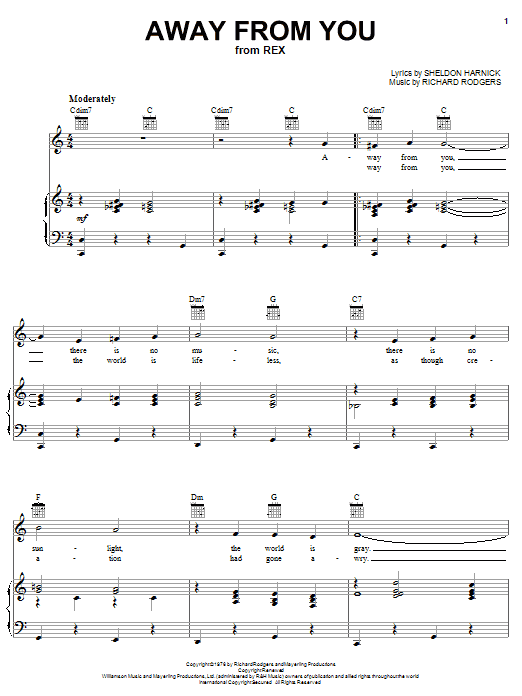 Preview Richard Rodgers Away From You Musicals sheet music, notes and chords for Piano, Vocal & Guitar (Right-Hand Melody), SKU: 25675 sheet music, piano notes, chords, guitar tabs, score, transpose, transcribe, how to play, guide, download, learn, tutorial, progression, song, artist, awards, billboard, mtv, vh1, tour, single, album, release