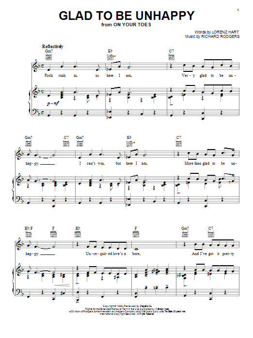 Preview Rodgers & Hart Glad To Be Unhappy Broadway sheet music, notes and chords for Piano, Vocal & Guitar (Right-Hand Melody), SKU: 25677 sheet music, piano notes, chords, guitar tabs, score, transpose, transcribe, how to play, guide, download, learn, tutorial, progression, song, artist, awards, billboard, mtv, vh1, tour, single, album, release
