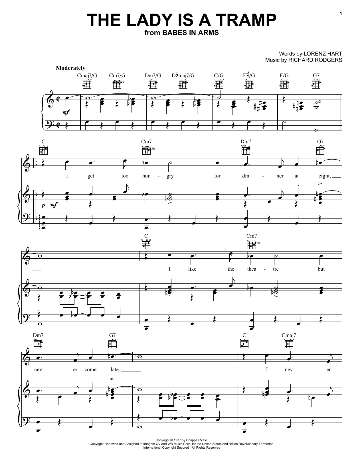 Preview Frank Sinatra The Lady Is A Tramp Jazz sheet music, notes and chords for Piano, Vocal & Guitar (Right-Hand Melody), SKU: 25680 sheet music, piano notes, chords, guitar tabs, score, transpose, transcribe, how to play, guide, download, learn, tutorial, progression, song, artist, awards, billboard, mtv, vh1, tour, single, album, release