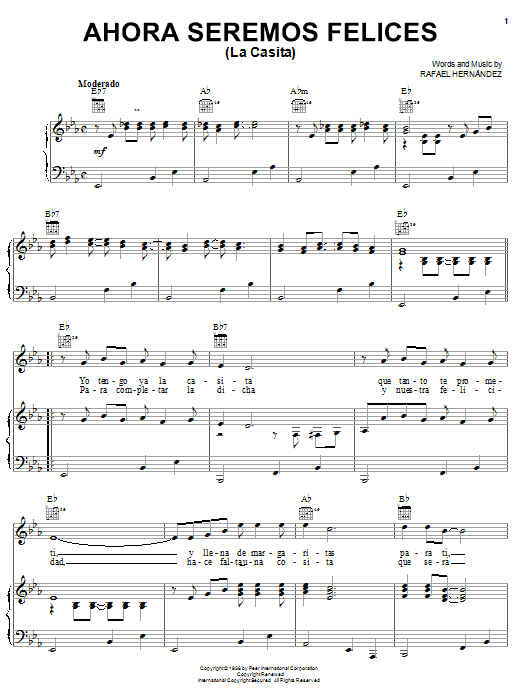 Preview Rafael Hernandez Ahora Seremos Felices (La Casita) Pop sheet music, notes and chords for Piano, Vocal & Guitar (Right-Hand Melody), SKU: 25687 sheet music, piano notes, chords, guitar tabs, score, transpose, transcribe, how to play, guide, download, learn, tutorial, progression, song, artist, awards, billboard, mtv, vh1, tour, single, album, release