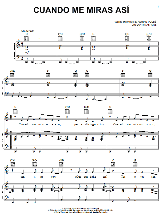 Preview Adrian Posse Cuando Me Miras Asi Pop sheet music, notes and chords for Piano, Vocal & Guitar (Right-Hand Melody), SKU: 25690 sheet music, piano notes, chords, guitar tabs, score, transpose, transcribe, how to play, guide, download, learn, tutorial, progression, song, artist, awards, billboard, mtv, vh1, tour, single, album, release