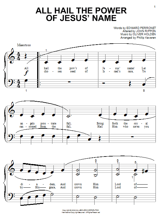 Preview Edward Perronet All Hail The Power Of Jesus' Name Hymn sheet music, notes and chords for Piano (Big Notes), SKU: 25694 sheet music, piano notes, chords, guitar tabs, score, transpose, transcribe, how to play, guide, download, learn, tutorial, progression, song, artist, awards, billboard, mtv, vh1, tour, single, album, release