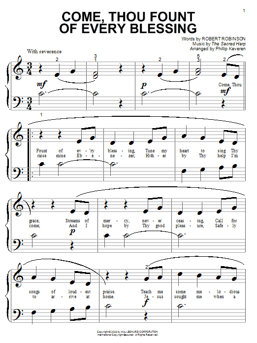 Preview Robert Robinson Come, Thou Fount of Every Blessing Hymn sheet music, notes and chords for Piano (Big Notes), SKU: 25695 sheet music, piano notes, chords, guitar tabs, score, transpose, transcribe, how to play, guide, download, learn, tutorial, progression, song, artist, awards, billboard, mtv, vh1, tour, single, album, release