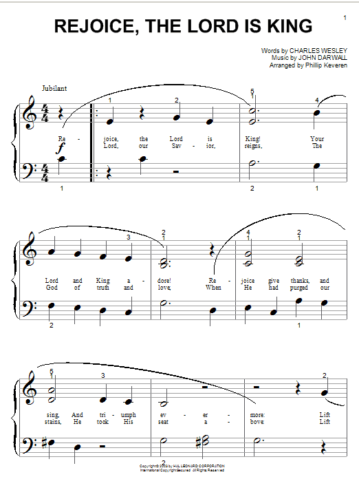 Preview Charles Wesley Rejoice, The Lord Is King Hymn sheet music, notes and chords for Piano (Big Notes), SKU: 25697 sheet music, piano notes, chords, guitar tabs, score, transpose, transcribe, how to play, guide, download, learn, tutorial, progression, song, artist, awards, billboard, mtv, vh1, tour, single, album, release